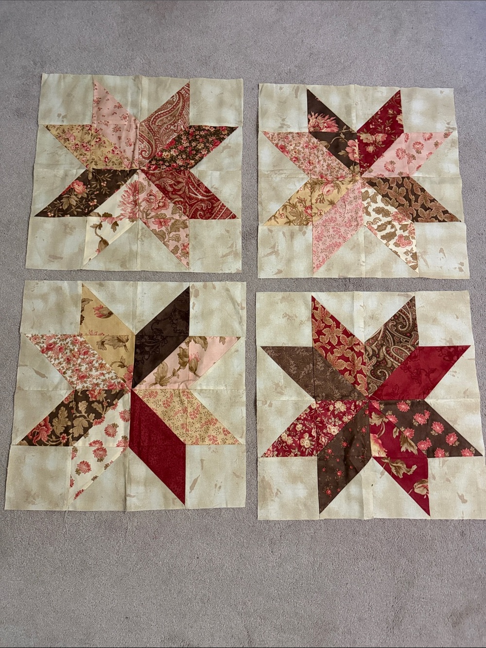 Handmade Star Quilt Blocks in Cream, Pink/Peachy, Rust, Brown